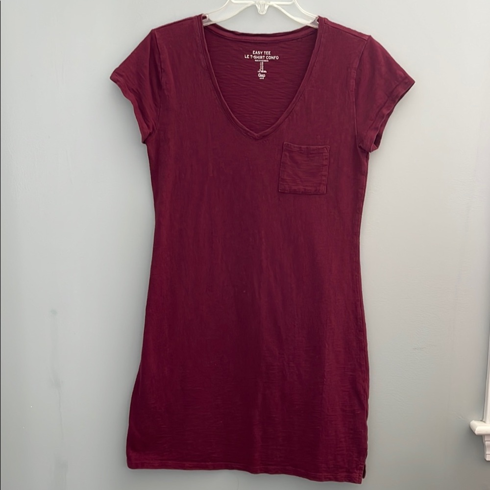 GAP V-Neck Short Sleeve T-Shirt Dress, Burgundy, Size Small
